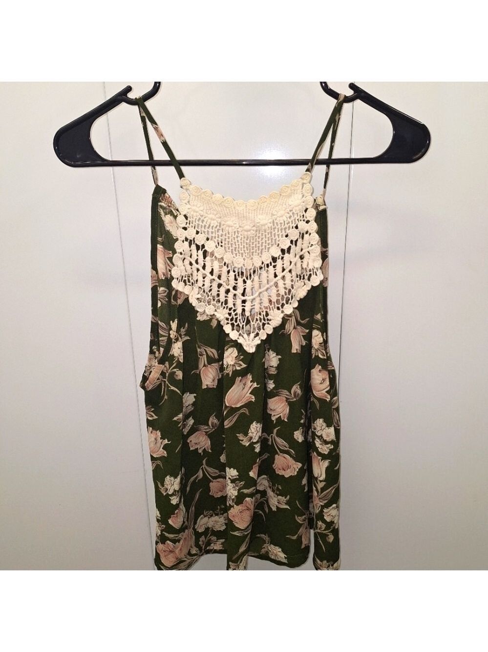 Green Cream Floral Spaghetti Strap Top Medium